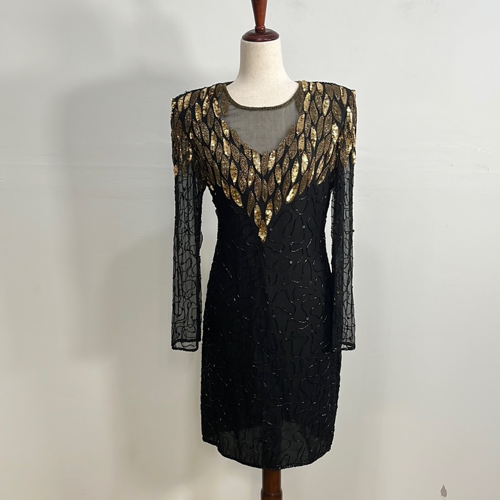 Vintage Stenay Beaded Silk Dress Black And Gold Size 8 Evening Dress Christmas